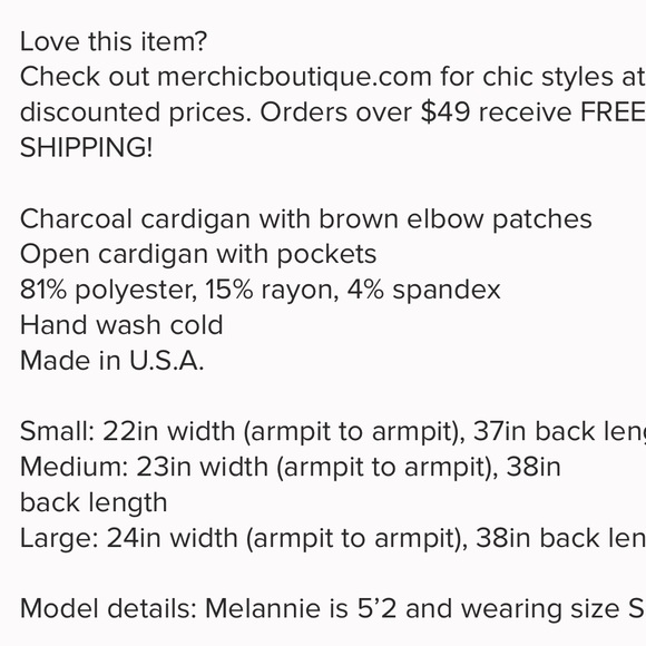 Charcoal Gray Cardigan with Brown Elbow Patch - Picture 8 of 8